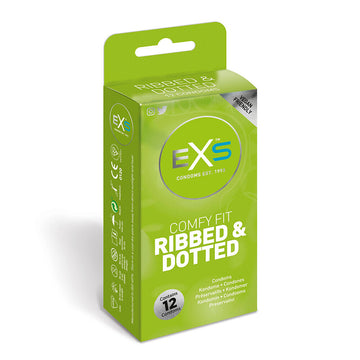 EXS Comfy Fit Ribbed & Dotted Condoms – 12 Pack, Vegan & Cruelty-Free