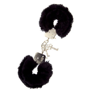 Furry Lined Black Metal Handcuffs – Soft Plush Interior Restraints