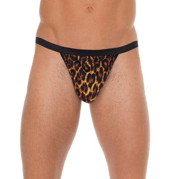 Men’s Black G-String with Leopard Print Pouch – One Size