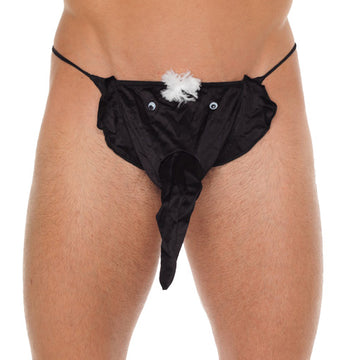 Men’s Black G-String with Elephant Animal Print Pouch – One Size