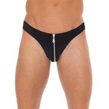 Men’s Black G-String with Zipper on Pouch – One Size