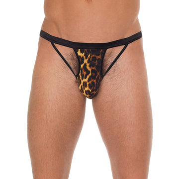 Men’s Black G-String with Black Straps to Animal Print Pouch – One Size