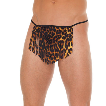 Men’s Black G-String with Leopard Loincloth – One Size