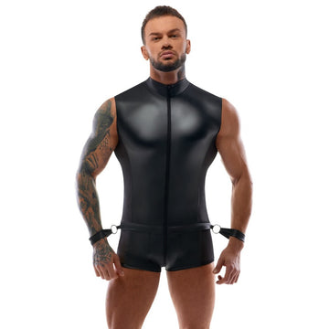 Svenjoyment Black Sleeveless Body Jumpsuit with Wrist Restraints – Elegant Bondage Wear