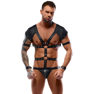 Svenjoyment Black Riveted Harness Body with 4 Adjustable Restraints – Elegant Bondage Set