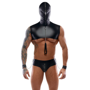 Svenjoyment Black Matte Bondage Set with Hooded Top, Thong, Leash & Wrist Cuffs