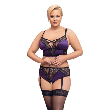 Cottelli Curves Bralette Suspender Set – Sexy Satin and Lace Bralette with Crotchless Suspender Briefs