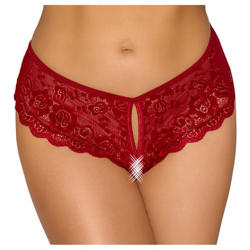 Cottelli Crotchless Panty Red – Sexy Floral Lace Panty with Cut-Out Front and Satin Ribbon Lacing