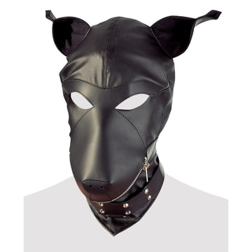 Imitation Leather Dog Mask with Zipper & Studded Collar – Black