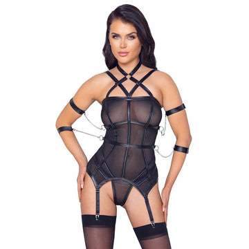 Cottelli Bondage Basque And String – Sexy Bondage Set with Restraints and Matte Strap Details