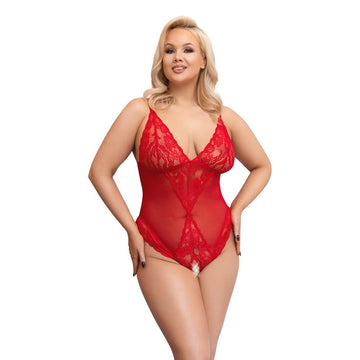 Cottelli Curves Crotchless Body Red – Sexy Powernet Body with Lace Inserts