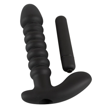 Black Velvets Medium Vibrator with Ribbed Shaft and Perineum Stimulator