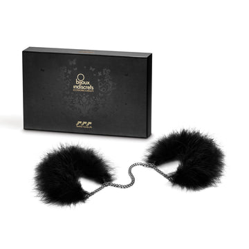 Bijoux Indiscrets Za Za Zu Feather Handcuffs – Black Feather Soft Restraints with Silver Chain