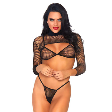 Leg Avenue Black Industrial Net Bikini Top, Thong & Long-Sleeved Crop Top Set UK 6–12