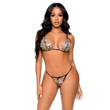 Leg Avenue Black Floral Sheer Embroidered Bra & G-String Set