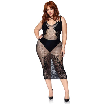 Leg Avenue Plus Size Dual Strap Halter Fishnet & Lace-Up Dress – UK 14 to 18