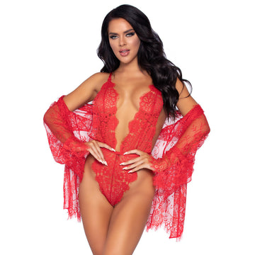 Leg Avenue Red Floral Lace Teddy & Matching Lace Robe Set