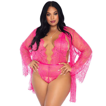 Leg Avenue Pink Floral Lace Teddy & Matching Lace Robe Set – Plus Size UK 14 to 18