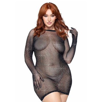 Leg Avenue Black Rhinestone Fishnet Glove Mini Dress Plus Size UK 14–18