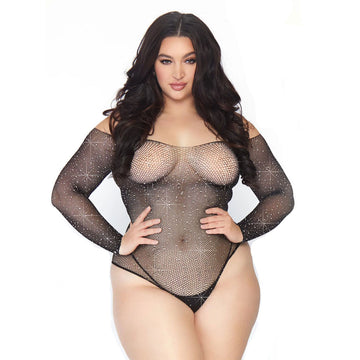 Leg Avenue Plus Size Crystalized Long Sleeve Fishnet Bodysuit – UK 14 to 18