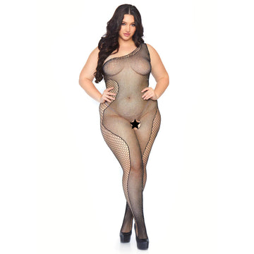 Leg Avenue Plus Size Crystalized Fishnet Asymmetrical Bodystocking – UK 14 to 18