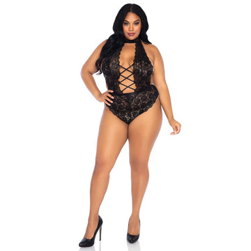 Leg Avenue Plus Size Black Floral Lace Crotchless Teddy – UK 14 to 18