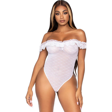 Leg Avenue White Off-The-Shoulder Lace Ruffle Snap Crotch Teddy UK 6–12
