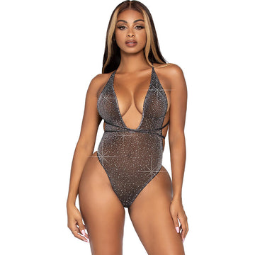 Leg Avenue Black Lurex & Rhinestone Sheer Teddy with Convertible Straps UK 6–12