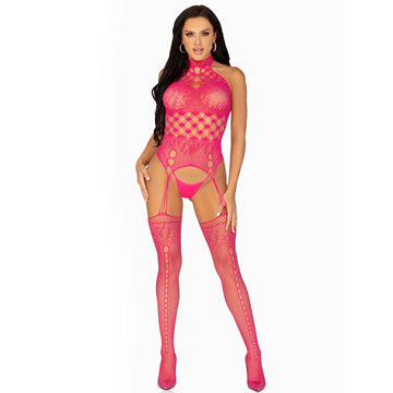 Leg Avenue Pink High Neck Halter Net & Lace Suspender Bodystocking – UK 6 to 12