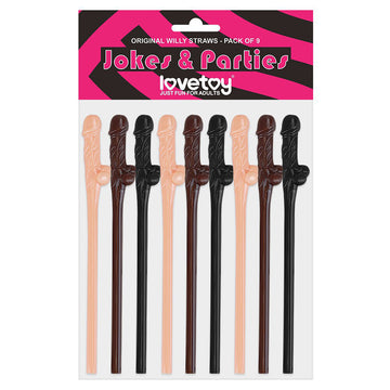 Lovetoy Pack of 9 Willy Straws – Black, Brown, and Pink Fun Drinking Straws