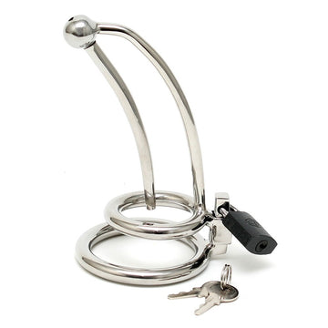 Stainless Steel Chastity Penis Lock with Curved Urethral Tube & Cockring