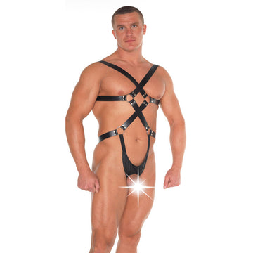 Genuine Leather Strappy Bondage Teddy with Open String & Elastic