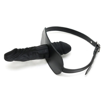 Genuine Leather Penis Gag with Internal & External Dildo – Adjustable Buckle