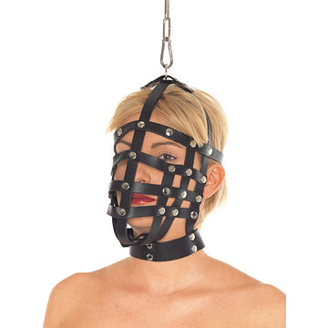 Genuine Leather Muzzle Mask with Hanging Metal Ring – Adjustable Buckle