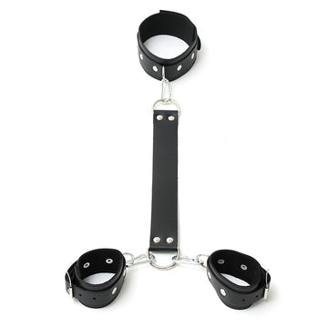 Genuine Leather Neck and Wrist Cuffs with Carabiner Hooks – Adjustable Restraints