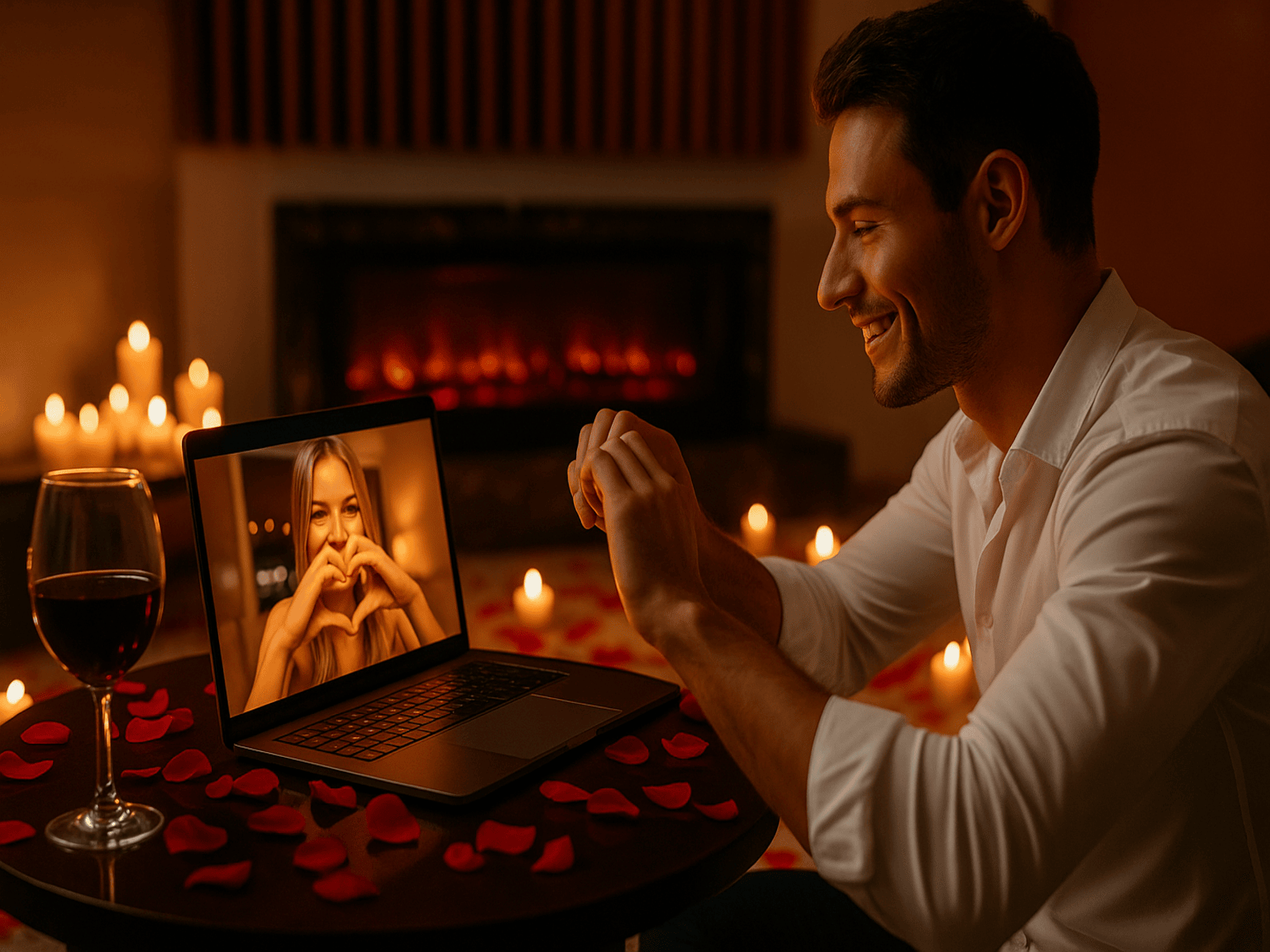 Romantic virtual date night with a man and woman making heart shapes to each other over video call with wine and candles