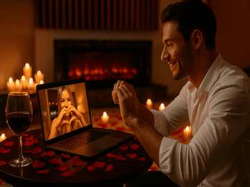 Romantic virtual date night with a man and woman making heart shapes to each other over video call with wine and candles