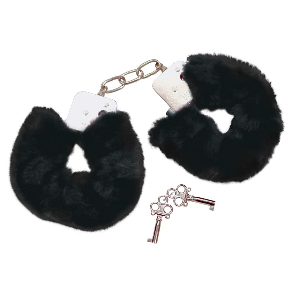 Bad Kitty Black Plush Handcuffs – Soft Faux Fur Covered Metal Restraints with Safety Key