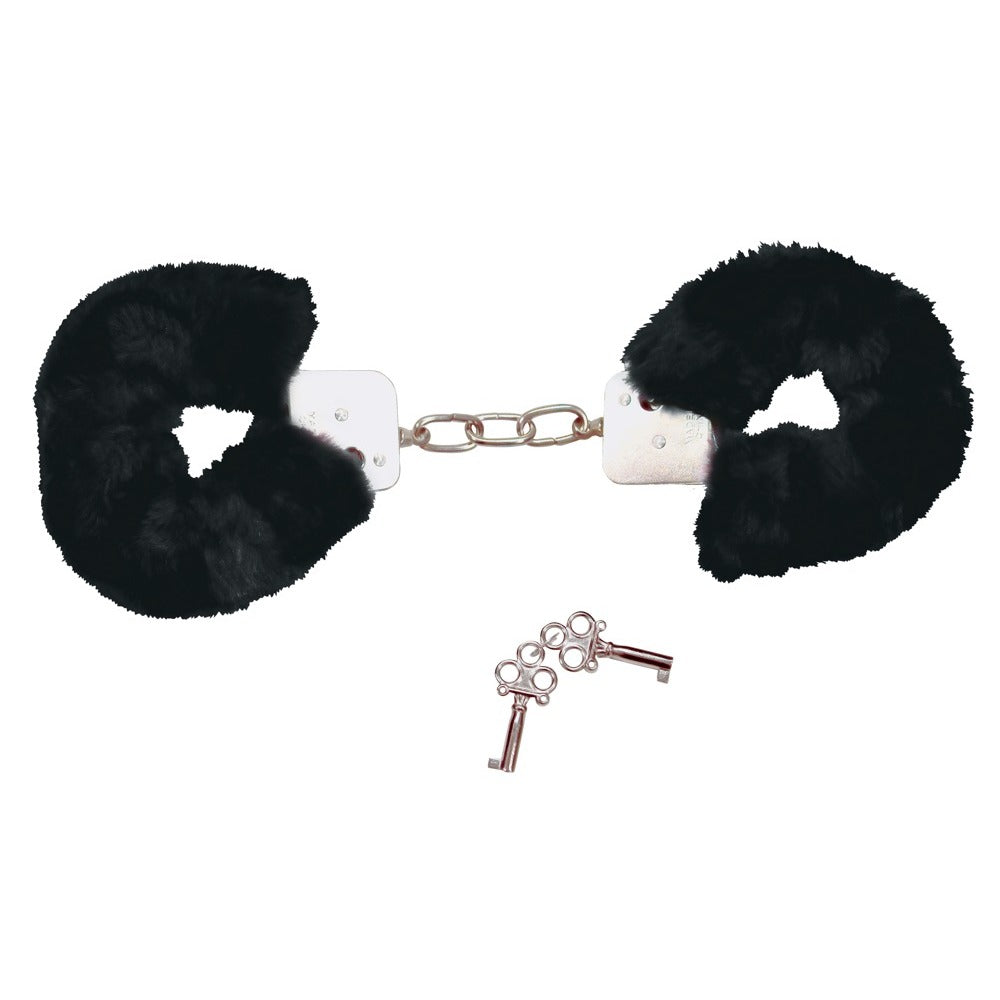 Bad Kitty Black Plush Handcuffs – Soft Faux Fur Covered Metal Restraints with Safety Key