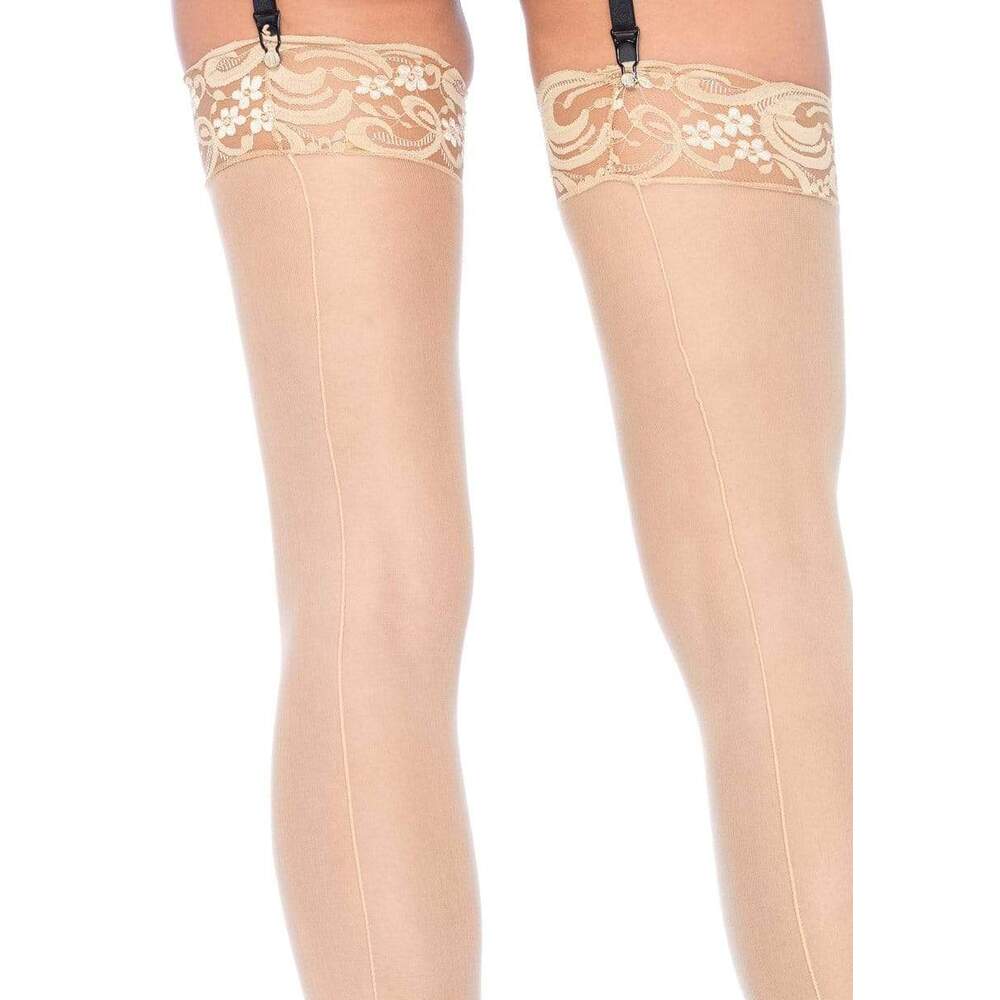 Leg Avenue Nude Sheer Stockings with Backseam Lace Top UK 6–12