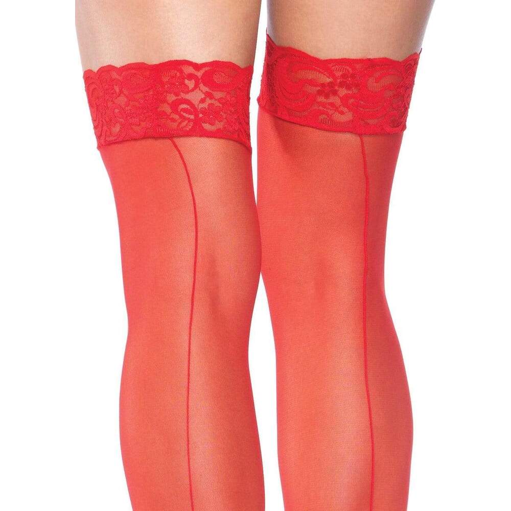 Leg Avenue Red Sheer Stockings with Backseam Lace Top UK 6–12