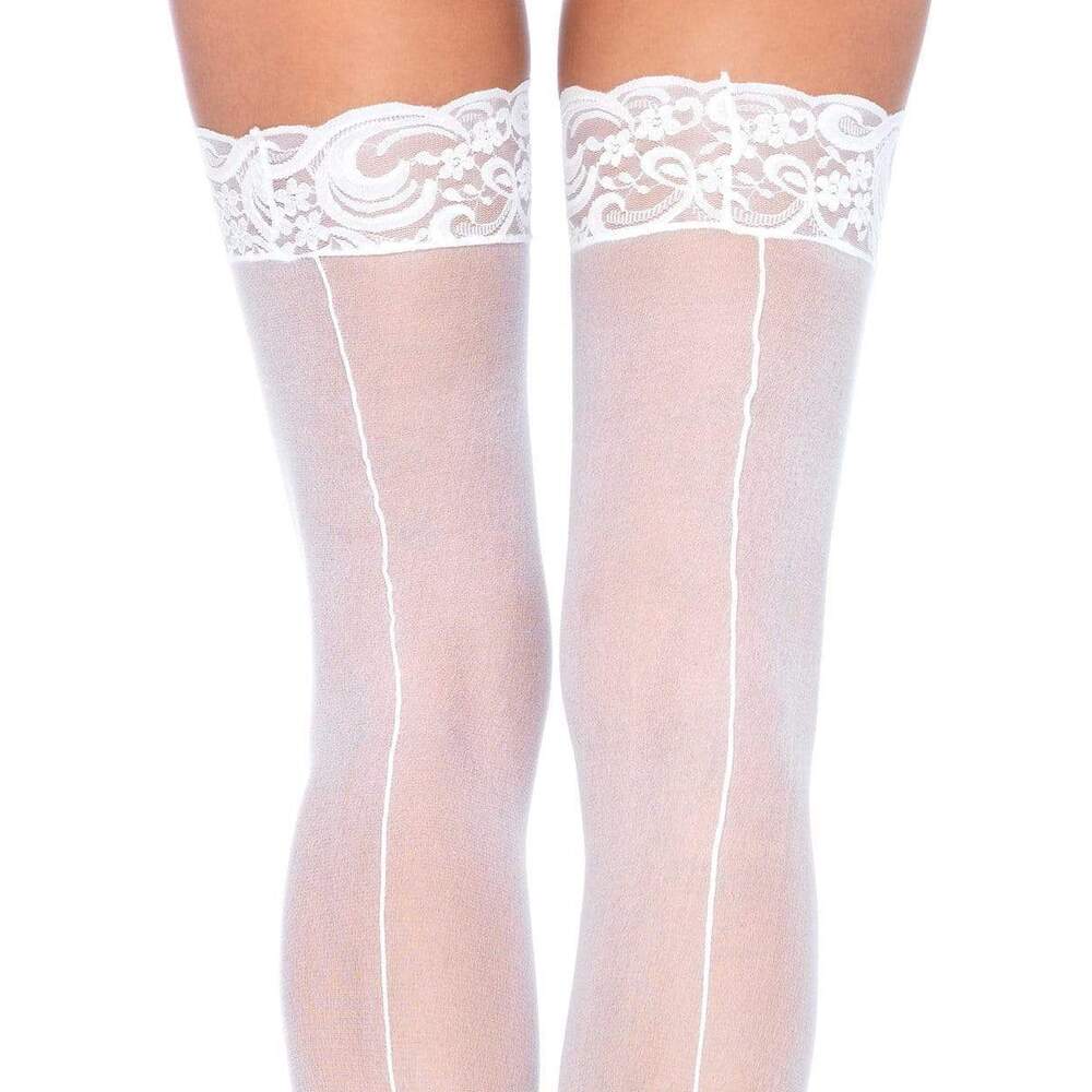 Leg Avenue White Sheer Stockings with Backseam Lace Top UK 6–12