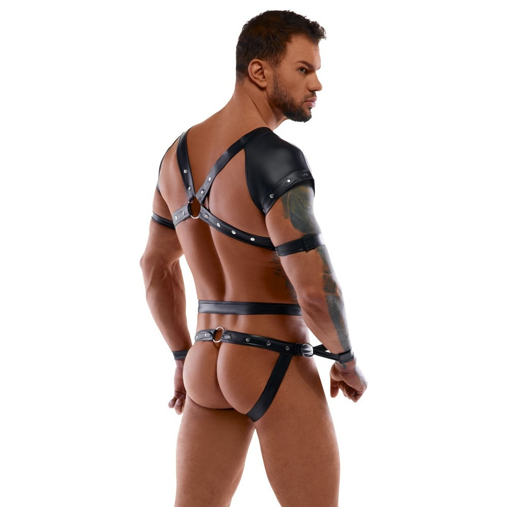 Svenjoyment Black Riveted Harness Body with 4 Adjustable Restraints – Elegant Bondage Set