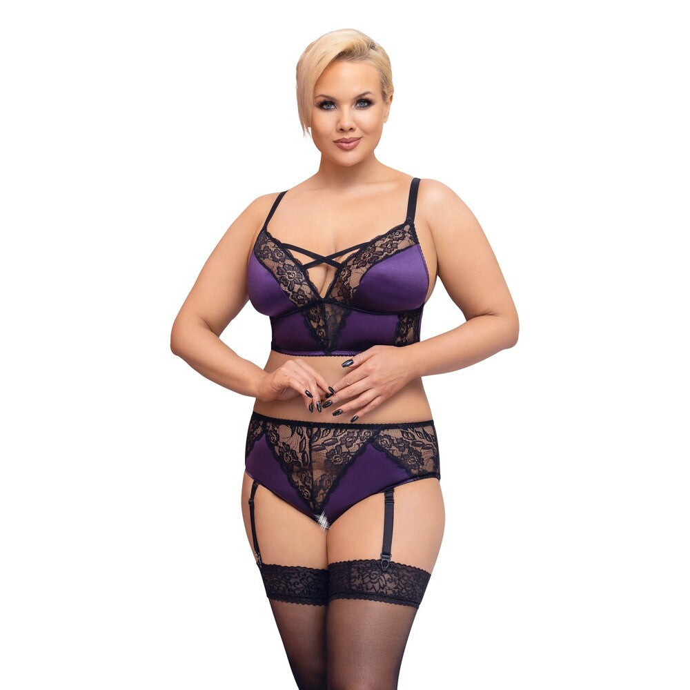 Cottelli Curves Bralette Suspender Set – Sexy Satin and Lace Bralette with Crotchless Suspender Briefs