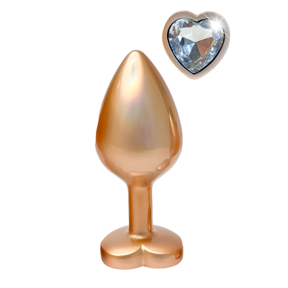 Gleaming Pearl Gold Medium Butt Plug with Heart Gemstone – Elegant Anal Toy