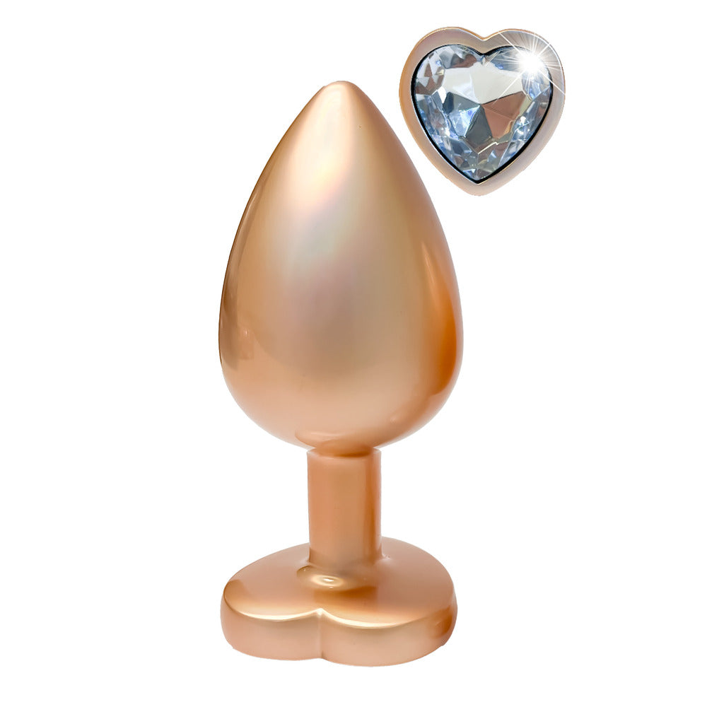 Gleaming Pearl Gold Large Butt Plug with Heart Gemstone – Luxurious Anal Toy