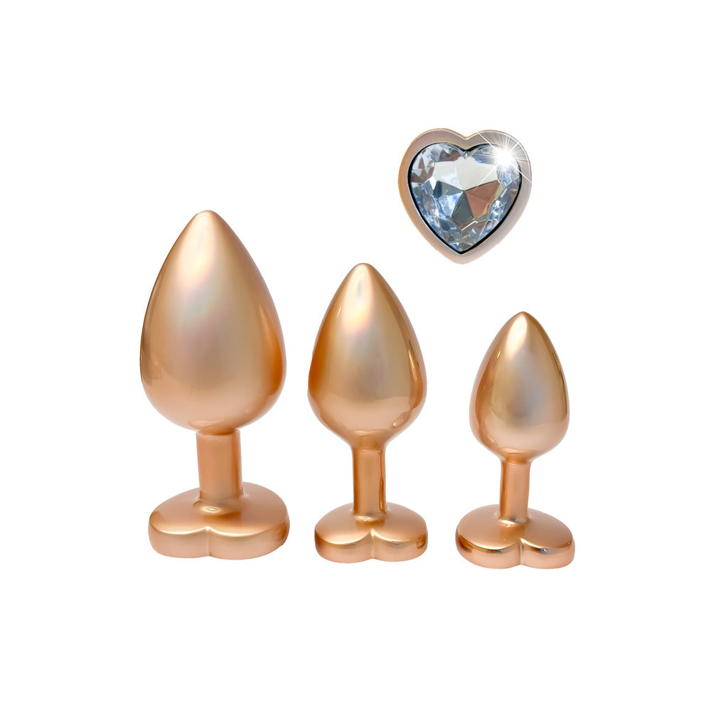 Gleaming Pearl Gold Butt Plug Set – 3 Sizes with Heart Gemstones