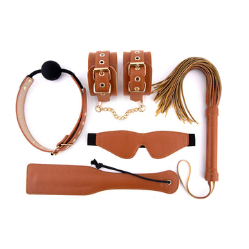Elite Cognac Vegan Leather BDSM Set – Handcuffs, Ball Gag, Mask & More