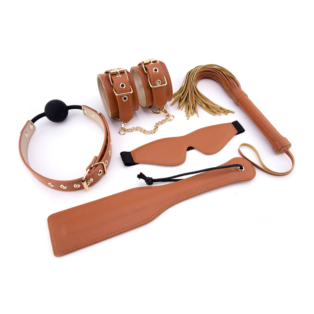 Elite Cognac Vegan Leather BDSM Set – Handcuffs, Ball Gag, Mask & More