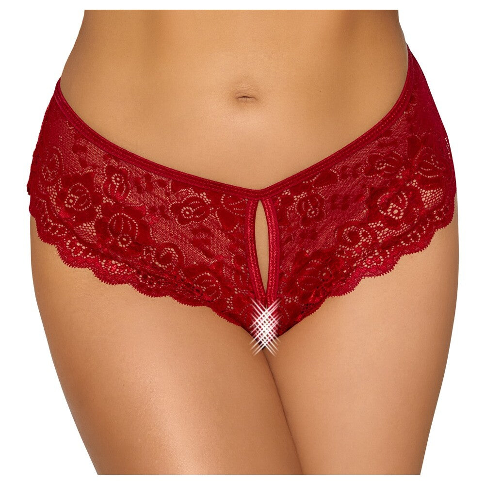 Cottelli Crotchless Panty Red – Sexy Floral Lace Panty with Cut-Out Front and Satin Ribbon Lacing